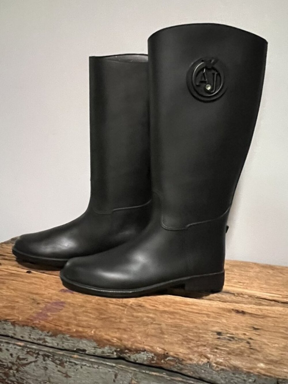 Armani Jeans Tall Black Rain Boots with Jewel Monogram, Size 6.5